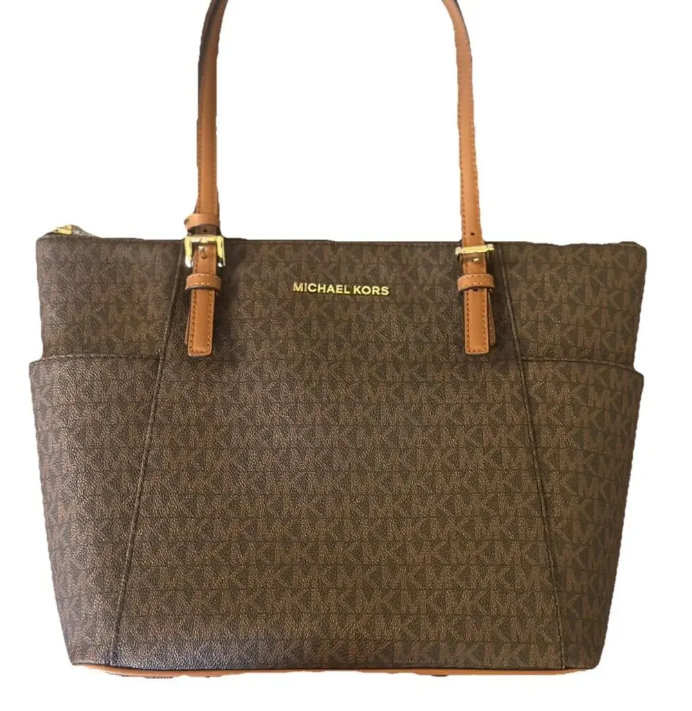 Michael Kors Jet Set Large East‑West Tote Brown MK Logo Canvas Leather Straps